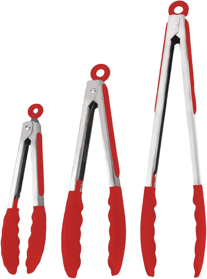 Kitchen Tongs with Silicone Tips, Kitchen Tongs, Cooking Tongs, Premium Stainless Steel Locking Cooking Tongs, Non-Slip Food Tongs for Cooking, Heavy Duty, Non-Stick, 480℉, Set of 3-7"/9"/12" Black