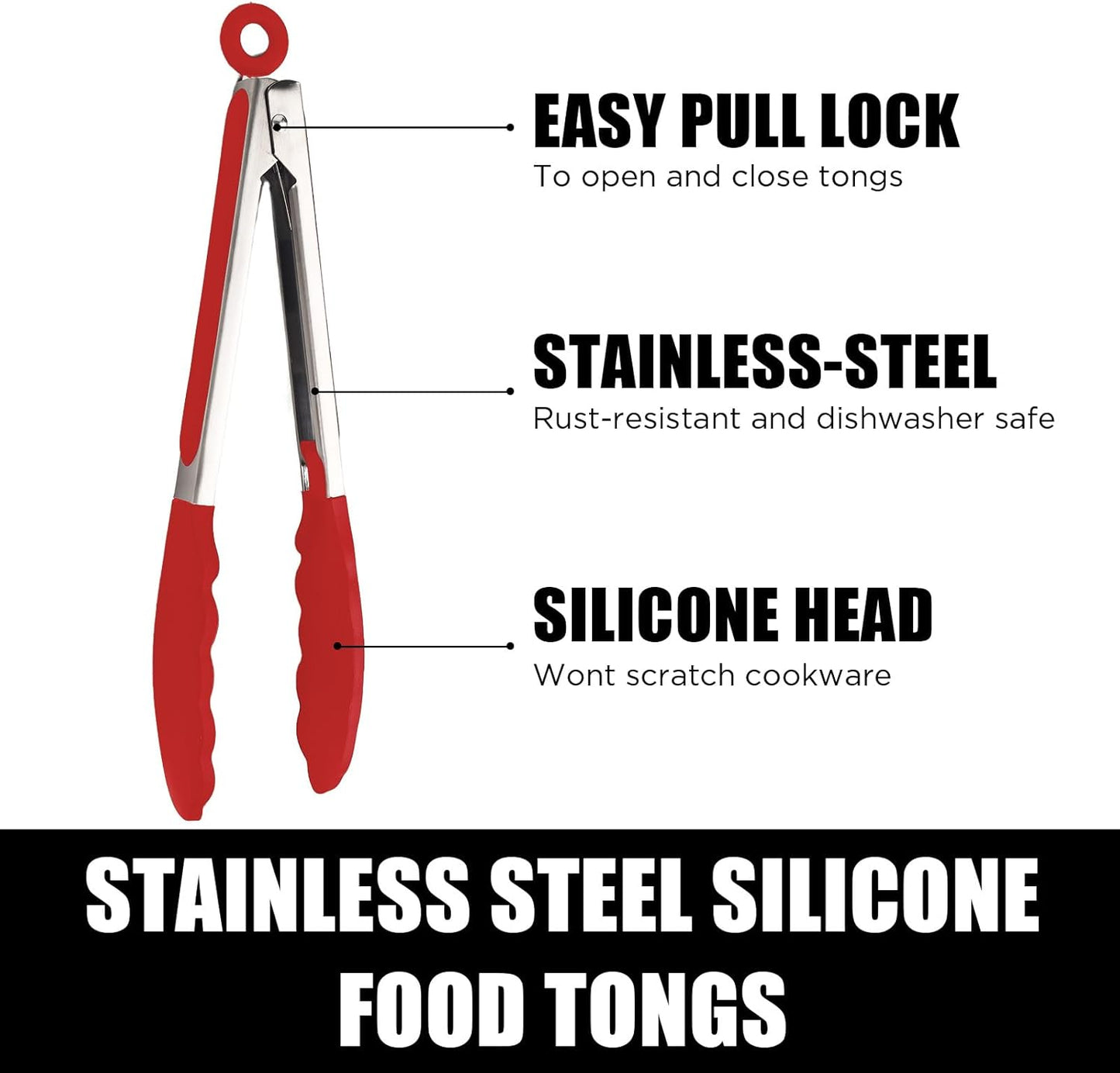 Kitchen Tongs with Silicone Tips, Kitchen Tongs, Cooking Tongs, Premium Stainless Steel Locking Cooking Tongs, Non-Slip Food Tongs for Cooking, Heavy Duty, Non-Stick, 480℉, Set of 3-7"/9"/12" Black