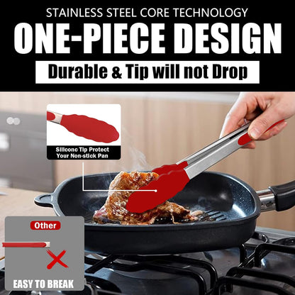 Kitchen Tongs with Silicone Tips, Kitchen Tongs, Cooking Tongs, Premium Stainless Steel Locking Cooking Tongs, Non-Slip Food Tongs for Cooking, Heavy Duty, Non-Stick, 480℉, Set of 3-7"/9"/12" Black