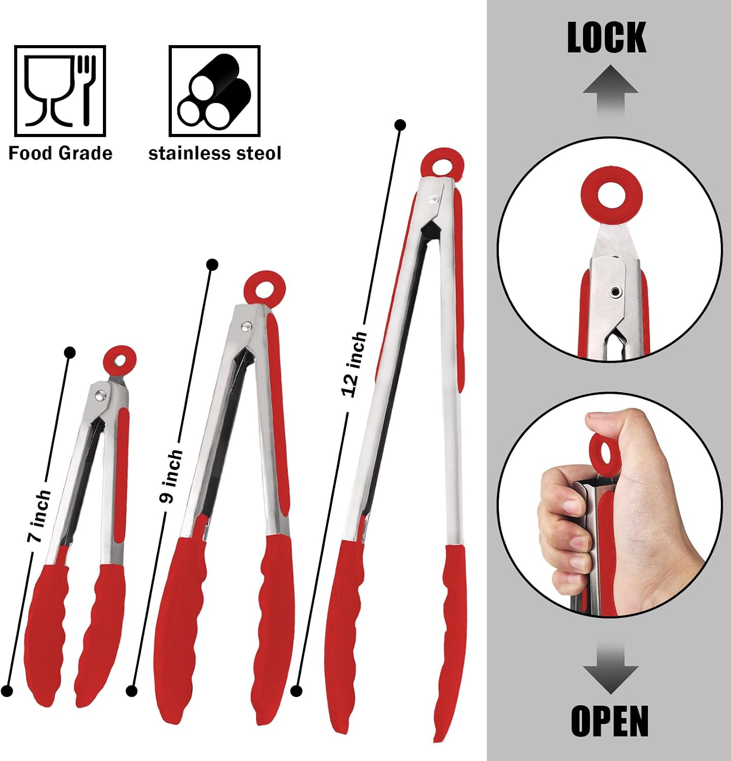 Kitchen Tongs with Silicone Tips, Kitchen Tongs, Cooking Tongs, Premium Stainless Steel Locking Cooking Tongs, Non-Slip Food Tongs for Cooking, Heavy Duty, Non-Stick, 480℉, Set of 3-7"/9"/12" Black