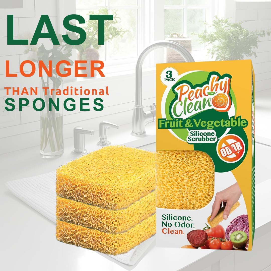 Silicone Fruit & Vegetable Scrubber, Produce Cleaning Sponge, Reusable Food Scrubber for Fruits & Veggies, Made in USA (3-Pack)