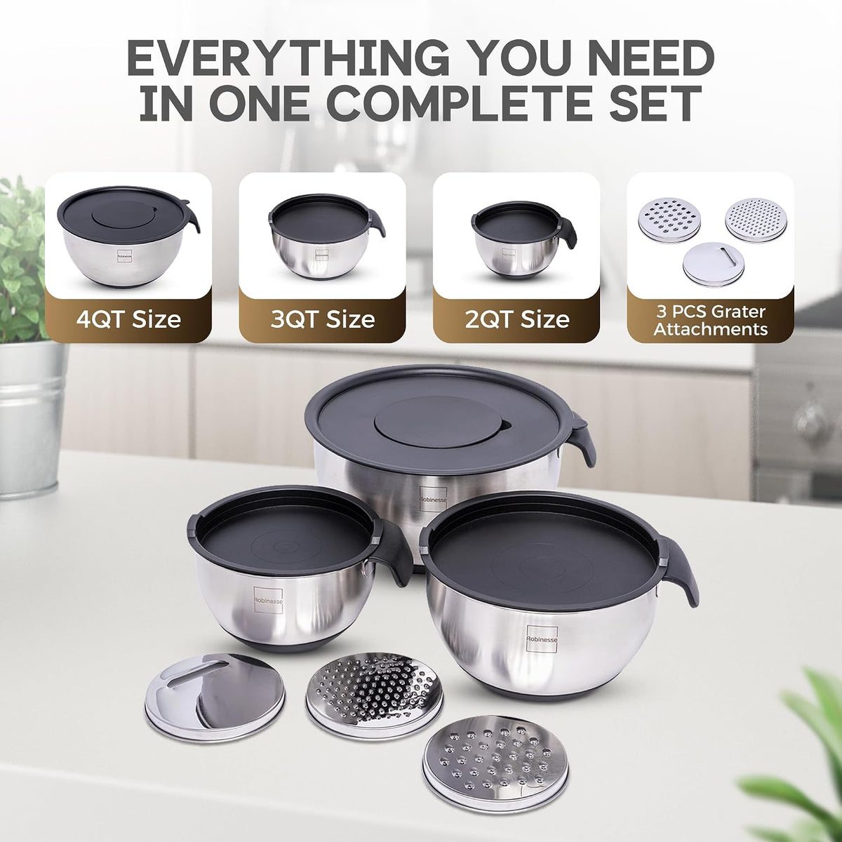 Stainless Steel Mixing Bowls Set of 3, Large Nesting Bowls with Airtight Lids for Food Prep, Cooking, Baking, Salad, and Outdoor Dining (Black, 3 Pcs)