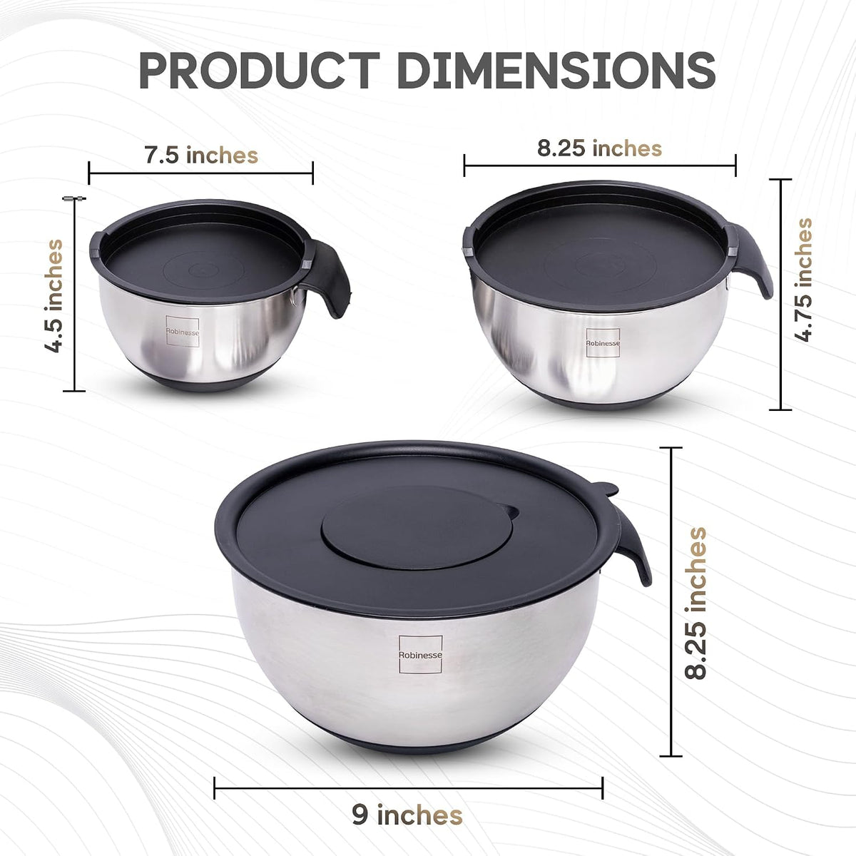 Stainless Steel Mixing Bowls Set of 3, Large Nesting Bowls with Airtight Lids for Food Prep, Cooking, Baking, Salad, and Outdoor Dining (Black, 3 Pcs)