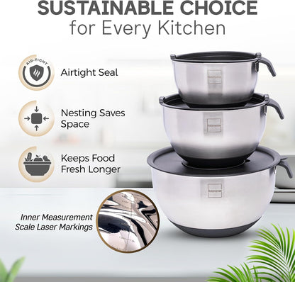 Stainless Steel Mixing Bowls Set of 3, Large Nesting Bowls with Airtight Lids for Food Prep, Cooking, Baking, Salad, and Outdoor Dining (Black, 3 Pcs)