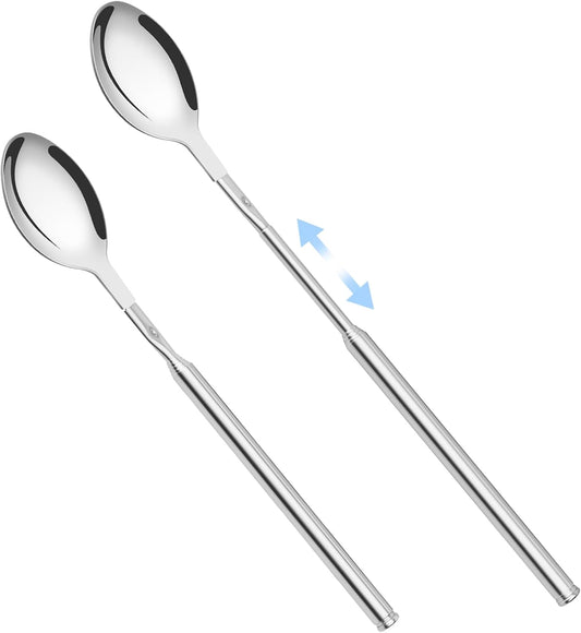 2 PCS Extendable Spoon, Telescopic Stainless Steel Spoon Set, Expandable Extension Spoon to 25 In Tableware, for BBQ Dinner Fruit Dessert