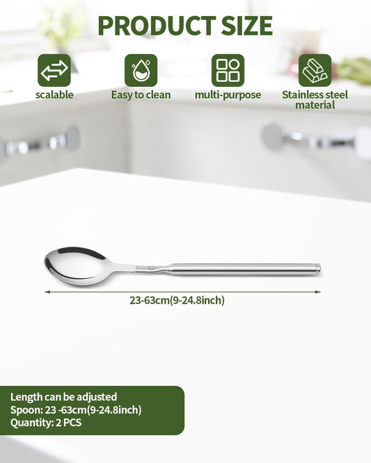 2 PCS Extendable Spoon, Telescopic Stainless Steel Spoon Set, Expandable Extension Spoon to 25 In Tableware, for BBQ Dinner Fruit Dessert
