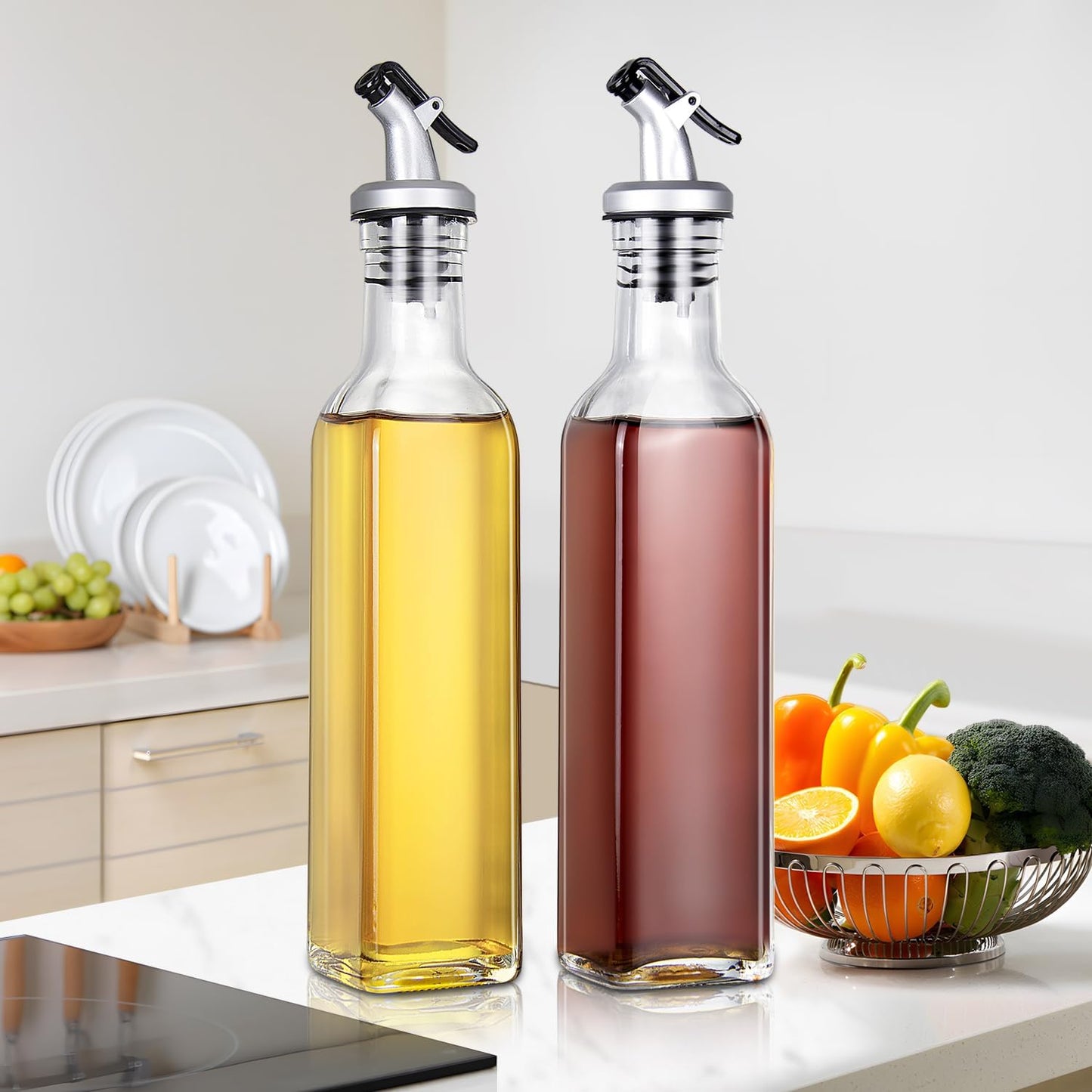 8oz Clear Glass Olive Oil Dispenser Bottles, and Vinegar Cruet Bottle Includes Pourers, Funnel Labels, Cooking Container for Kitchen 6 Pack