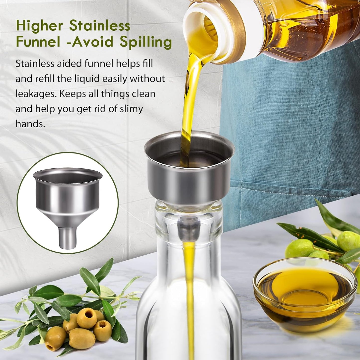 8oz Clear Glass Olive Oil Dispenser Bottles, and Vinegar Cruet Bottle Includes Pourers, Funnel Labels, Cooking Container for Kitchen 6 Pack
