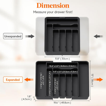 Expandable Silverware Organizer, Plastic Utensil Tray for Kitchen Drawer, BPA Free Flatware Cutlery Holder, Space-Saving Storage for Spoons Forks Knives, 8.5-14 x 12 x 1.5 inch, Black