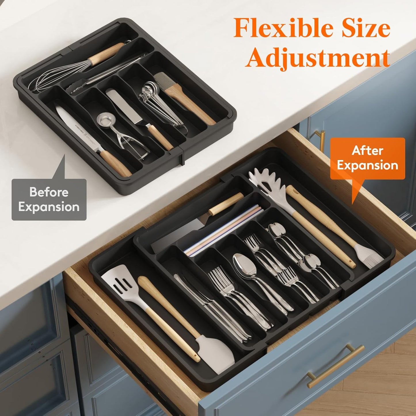 Expandable Silverware Organizer, Plastic Utensil Tray for Kitchen Drawer, BPA Free Flatware Cutlery Holder, Space-Saving Storage for Spoons Forks Knives, 8.5-14 x 12 x 1.5 inch, Black
