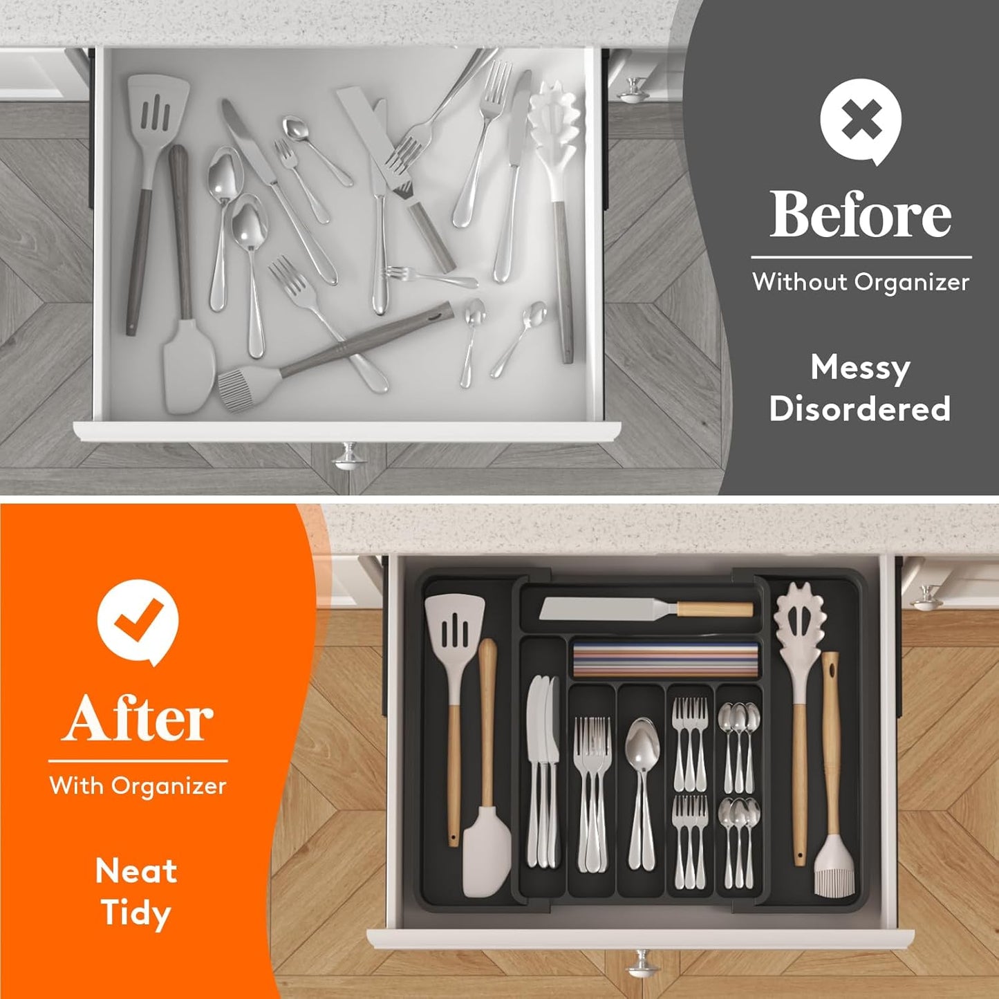 Expandable Silverware Organizer, Plastic Utensil Tray for Kitchen Drawer, BPA Free Flatware Cutlery Holder, Space-Saving Storage for Spoons Forks Knives, 8.5-14 x 12 x 1.5 inch, Black