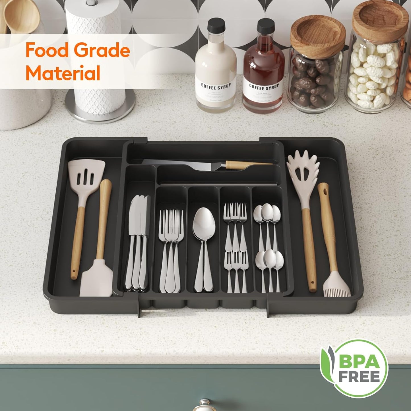 Expandable Silverware Organizer, Plastic Utensil Tray for Kitchen Drawer, BPA Free Flatware Cutlery Holder, Space-Saving Storage for Spoons Forks Knives, 8.5-14 x 12 x 1.5 inch, Black