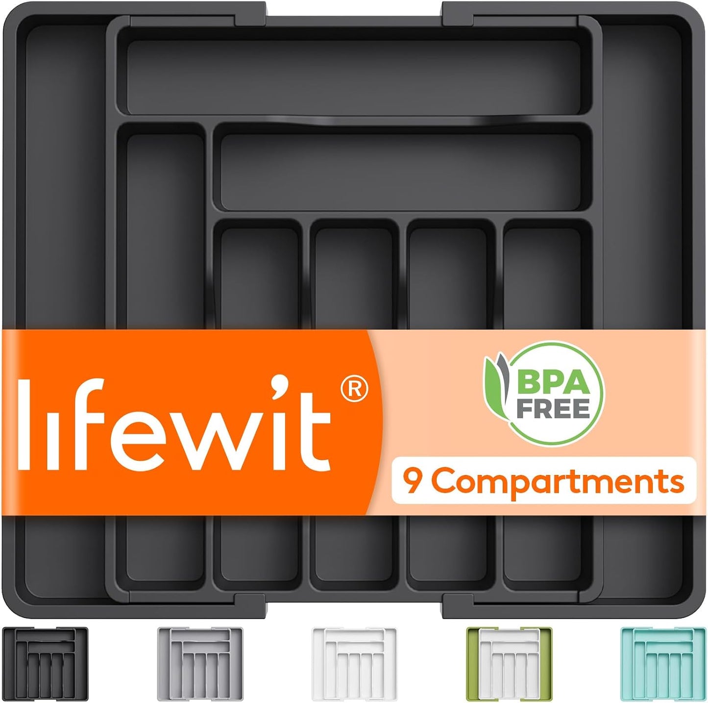 Expandable Silverware Organizer, Plastic Utensil Tray for Kitchen Drawer, BPA Free Flatware Cutlery Holder, Space-Saving Storage for Spoons Forks Knives, 8.5-14 x 12 x 1.5 inch, Black