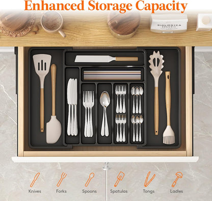 Expandable Silverware Organizer, Plastic Utensil Tray for Kitchen Drawer, BPA Free Flatware Cutlery Holder, Space-Saving Storage for Spoons Forks Knives, 8.5-14 x 12 x 1.5 inch, Black