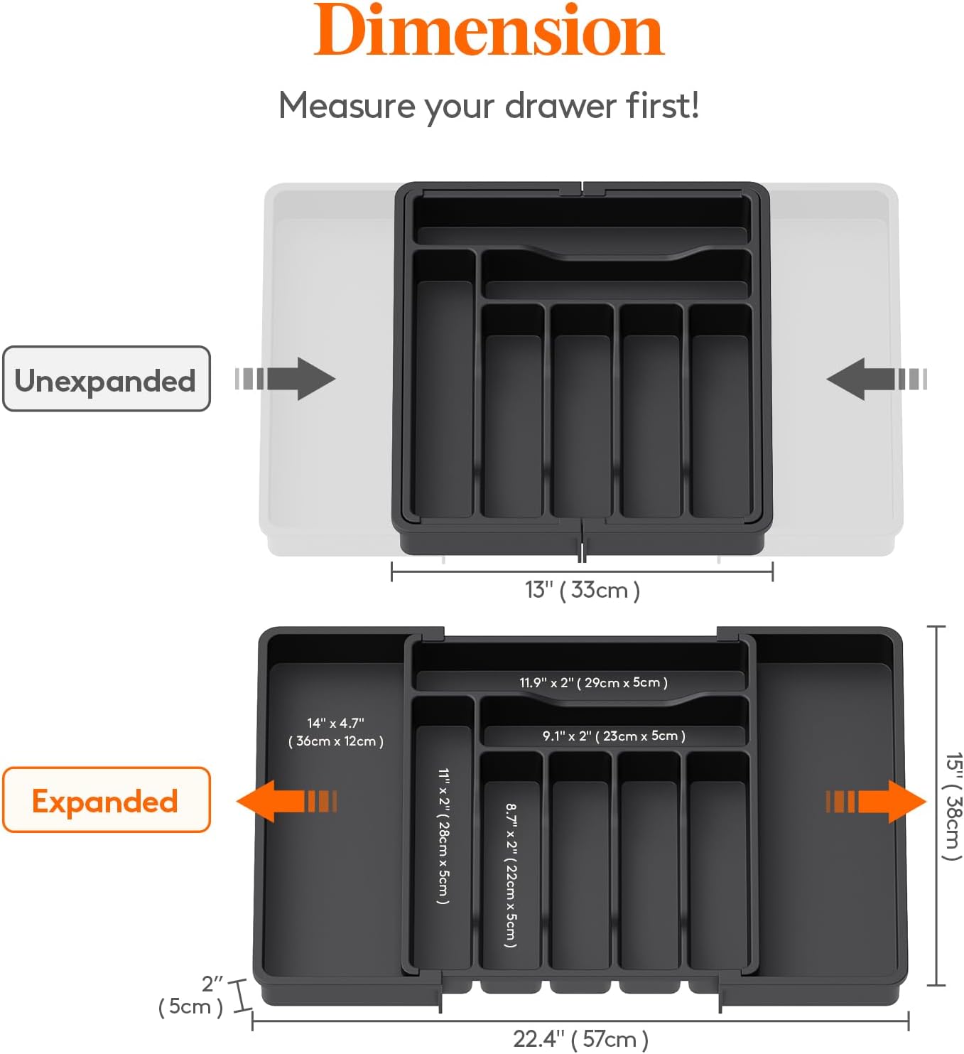 Expandable Silverware Organizer, Plastic Utensil Tray for Kitchen Drawer, BPA Free Flatware Cutlery Holder, Space-Saving Storage for Spoons Forks Knives, 8.5-14 x 12 x 1.5 inch, Black