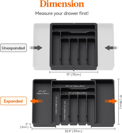 Expandable Silverware Organizer, Plastic Utensil Tray for Kitchen Drawer, BPA Free Flatware Cutlery Holder, Space-Saving Storage for Spoons Forks Knives, 8.5-14 x 12 x 1.5 inch, Black