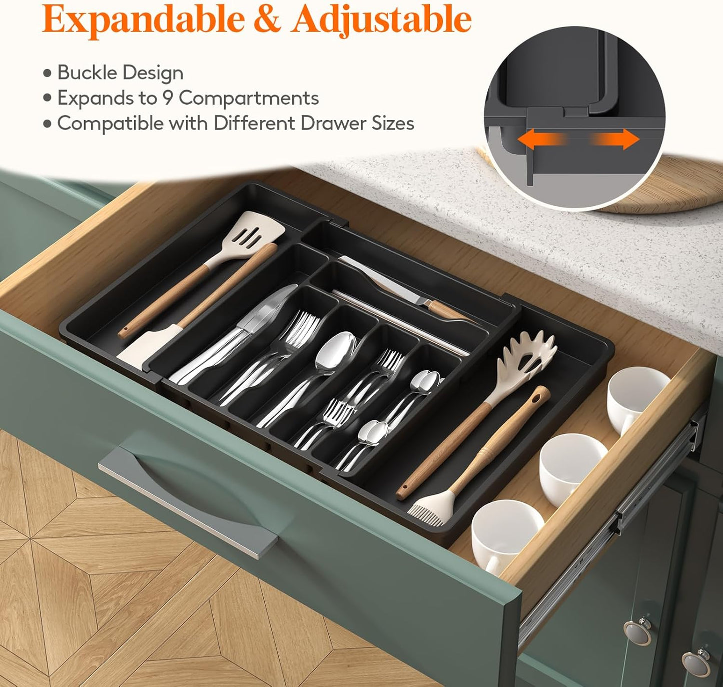 Expandable Silverware Organizer, Plastic Utensil Tray for Kitchen Drawer, BPA Free Flatware Cutlery Holder, Space-Saving Storage for Spoons Forks Knives, 8.5-14 x 12 x 1.5 inch, Black