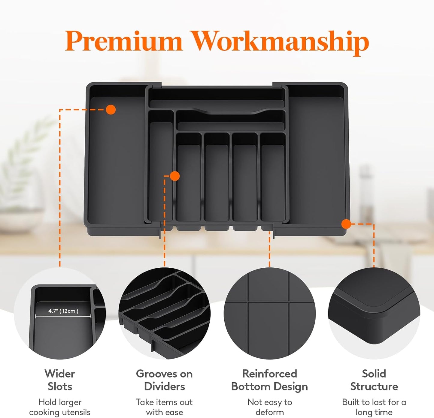 Expandable Silverware Organizer, Plastic Utensil Tray for Kitchen Drawer, BPA Free Flatware Cutlery Holder, Space-Saving Storage for Spoons Forks Knives, 8.5-14 x 12 x 1.5 inch, Black