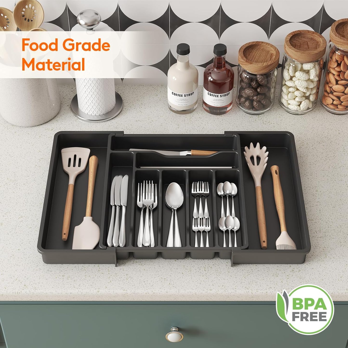 Expandable Silverware Organizer, Plastic Utensil Tray for Kitchen Drawer, BPA Free Flatware Cutlery Holder, Space-Saving Storage for Spoons Forks Knives, 8.5-14 x 12 x 1.5 inch, Black