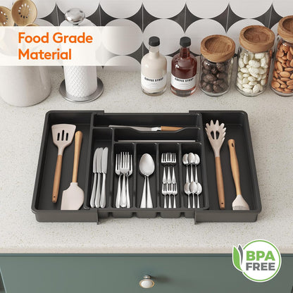 Expandable Silverware Organizer, Plastic Utensil Tray for Kitchen Drawer, BPA Free Flatware Cutlery Holder, Space-Saving Storage for Spoons Forks Knives, 8.5-14 x 12 x 1.5 inch, Black