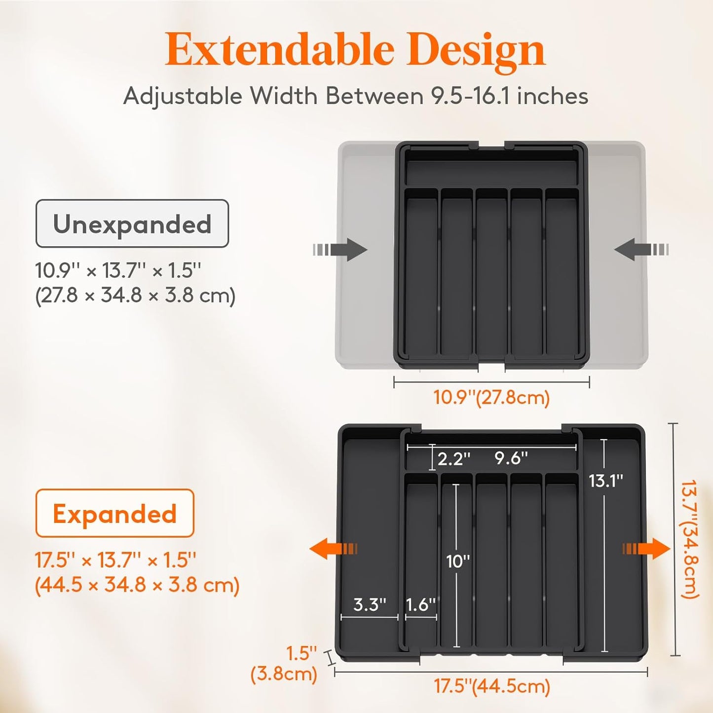 Expandable Silverware Organizer, Plastic Utensil Tray for Kitchen Drawer, BPA Free Flatware Cutlery Holder, Space-Saving Storage for Spoons Forks Knives, 8.5-14 x 12 x 1.5 inch, Black