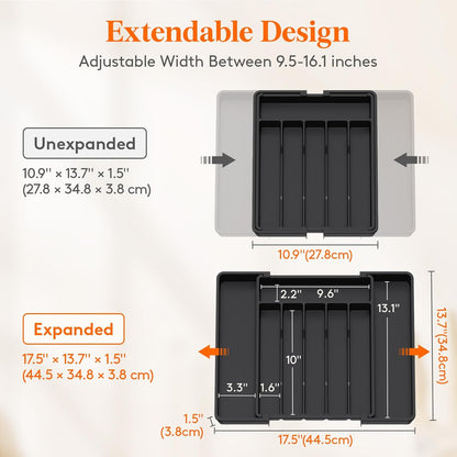 Expandable Silverware Organizer, Plastic Utensil Tray for Kitchen Drawer, BPA Free Flatware Cutlery Holder, Space-Saving Storage for Spoons Forks Knives, 8.5-14 x 12 x 1.5 inch, Black