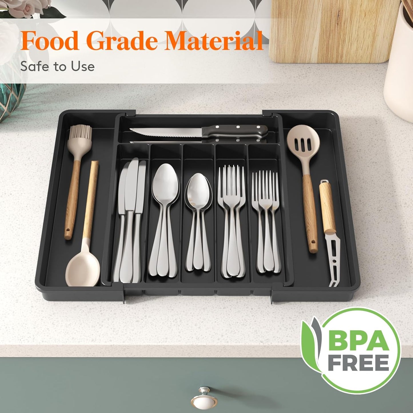 Expandable Silverware Organizer, Plastic Utensil Tray for Kitchen Drawer, BPA Free Flatware Cutlery Holder, Space-Saving Storage for Spoons Forks Knives, 8.5-14 x 12 x 1.5 inch, Black