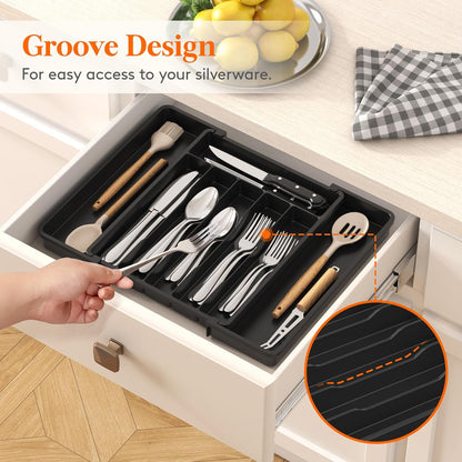 Expandable Silverware Organizer, Plastic Utensil Tray for Kitchen Drawer, BPA Free Flatware Cutlery Holder, Space-Saving Storage for Spoons Forks Knives, 8.5-14 x 12 x 1.5 inch, Black