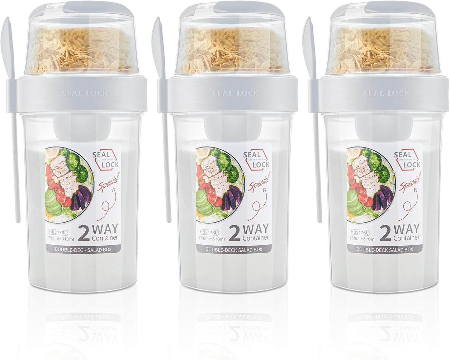 3 Pcs Salad Shaker Cup with Lids and Fork Fresh Salad Shaker Container for Lunch, Portable Breakfast Meal Vegetable and Fruits (White)