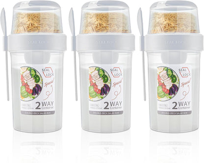 3 Pcs Salad Shaker Cup with Lids and Fork Fresh Salad Shaker Container for Lunch, Portable Breakfast Meal Vegetable and Fruits (White)