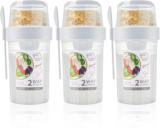 3 Pcs Salad Shaker Cup with Lids and Fork Fresh Salad Shaker Container for Lunch, Portable Breakfast Meal Vegetable and Fruits (White)