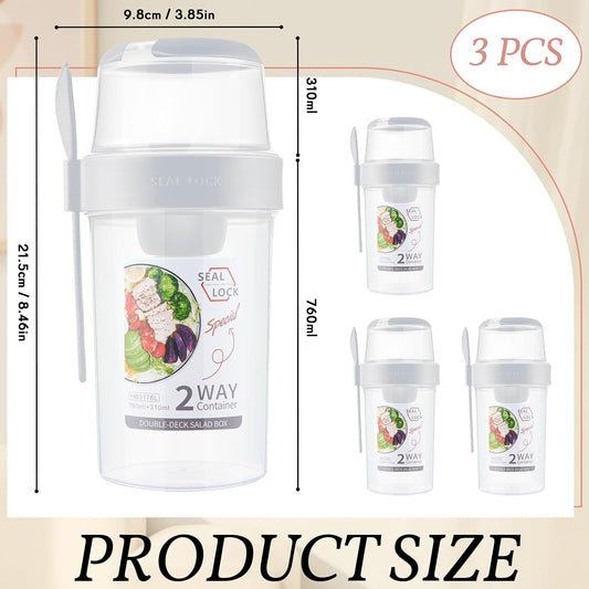 3 Pcs Salad Shaker Cup with Lids and Fork Fresh Salad Shaker Container for Lunch, Portable Breakfast Meal Vegetable and Fruits (White)