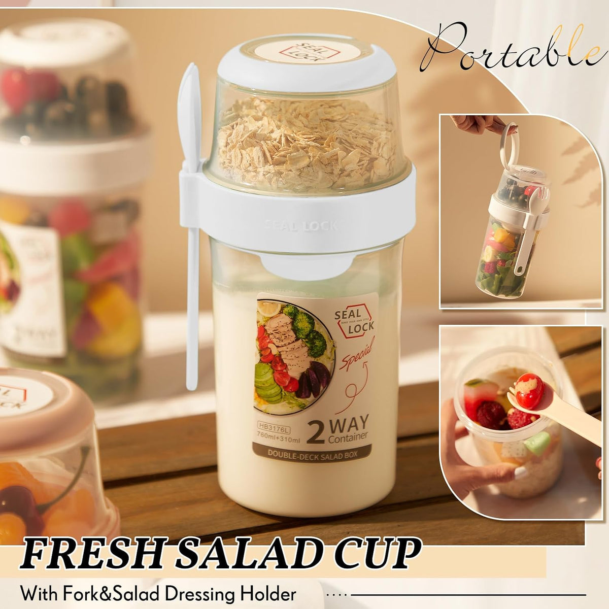 3 Pcs Salad Shaker Cup with Lids and Fork Fresh Salad Shaker Container for Lunch, Portable Breakfast Meal Vegetable and Fruits (White)