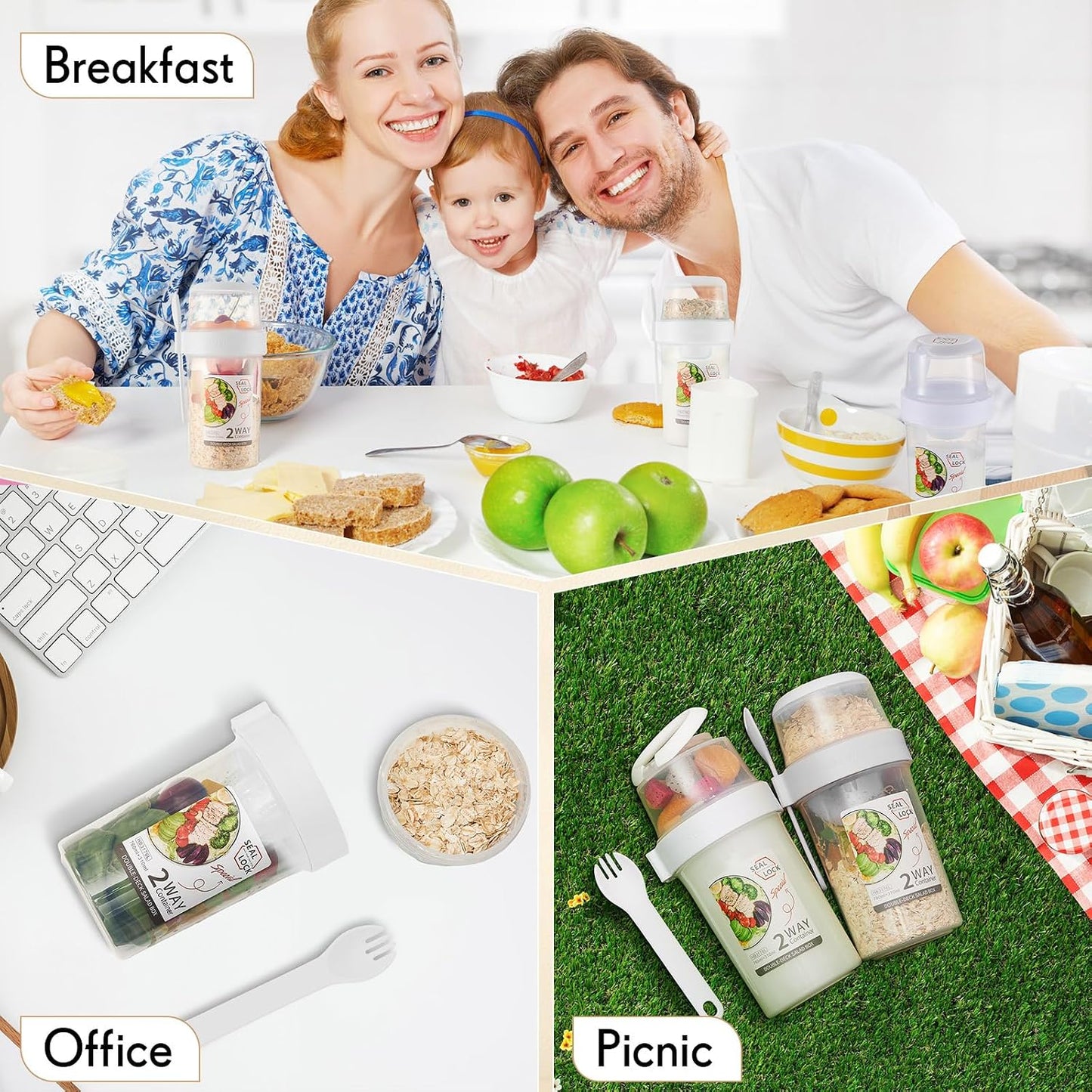 3 Pcs Salad Shaker Cup with Lids and Fork Fresh Salad Shaker Container for Lunch, Portable Breakfast Meal Vegetable and Fruits (White)