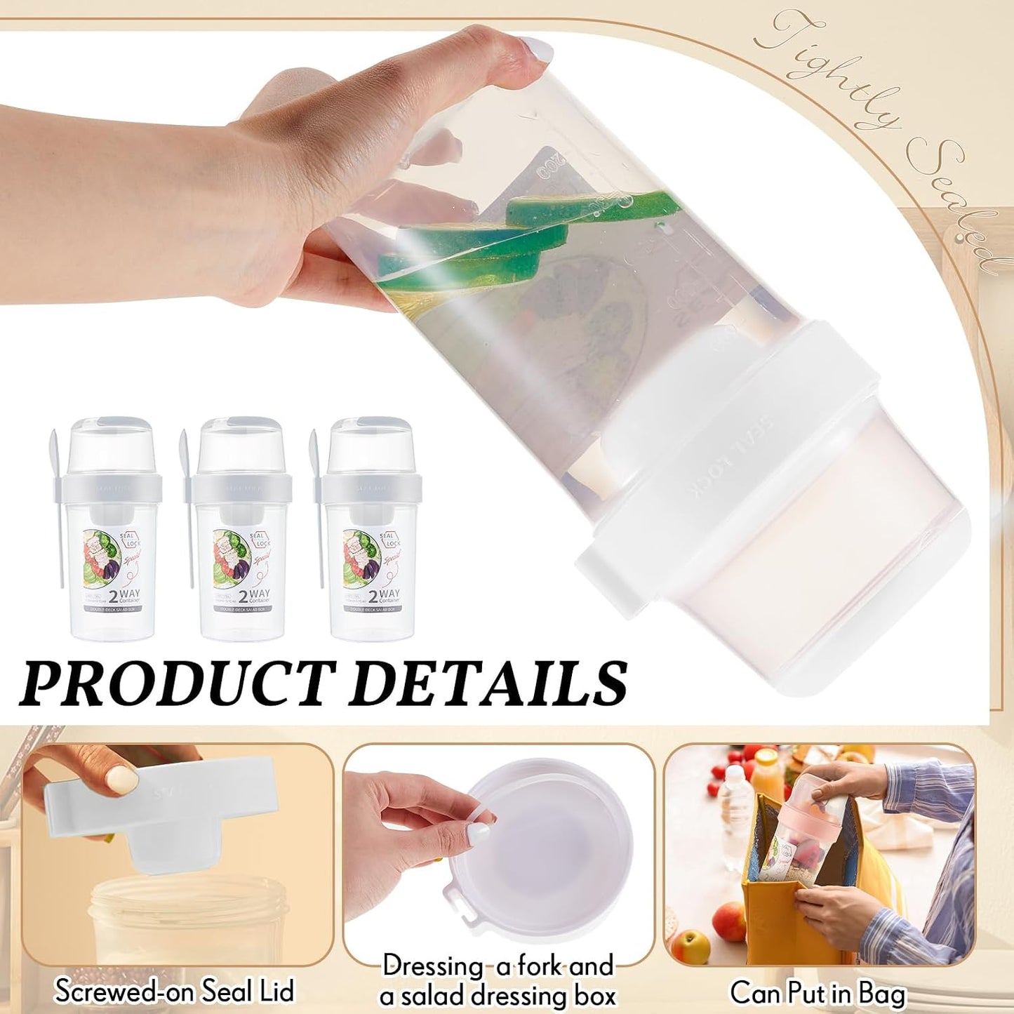 3 Pcs Salad Shaker Cup with Lids and Fork Fresh Salad Shaker Container for Lunch, Portable Breakfast Meal Vegetable and Fruits (White)