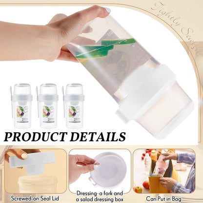 3 Pcs Salad Shaker Cup with Lids and Fork Fresh Salad Shaker Container for Lunch, Portable Breakfast Meal Vegetable and Fruits (White)