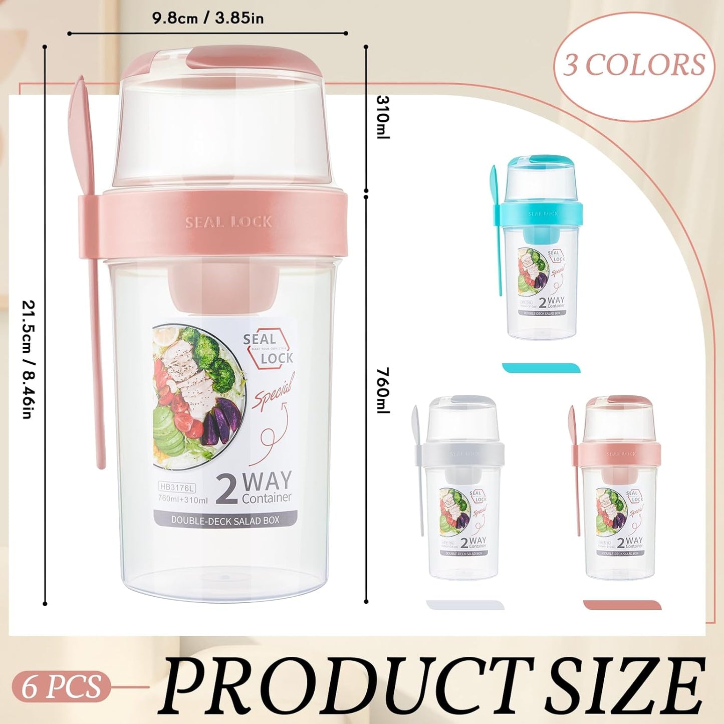 3 Pcs Salad Shaker Cup with Lids and Fork Fresh Salad Shaker Container for Lunch, Portable Breakfast Meal Vegetable and Fruits (White)