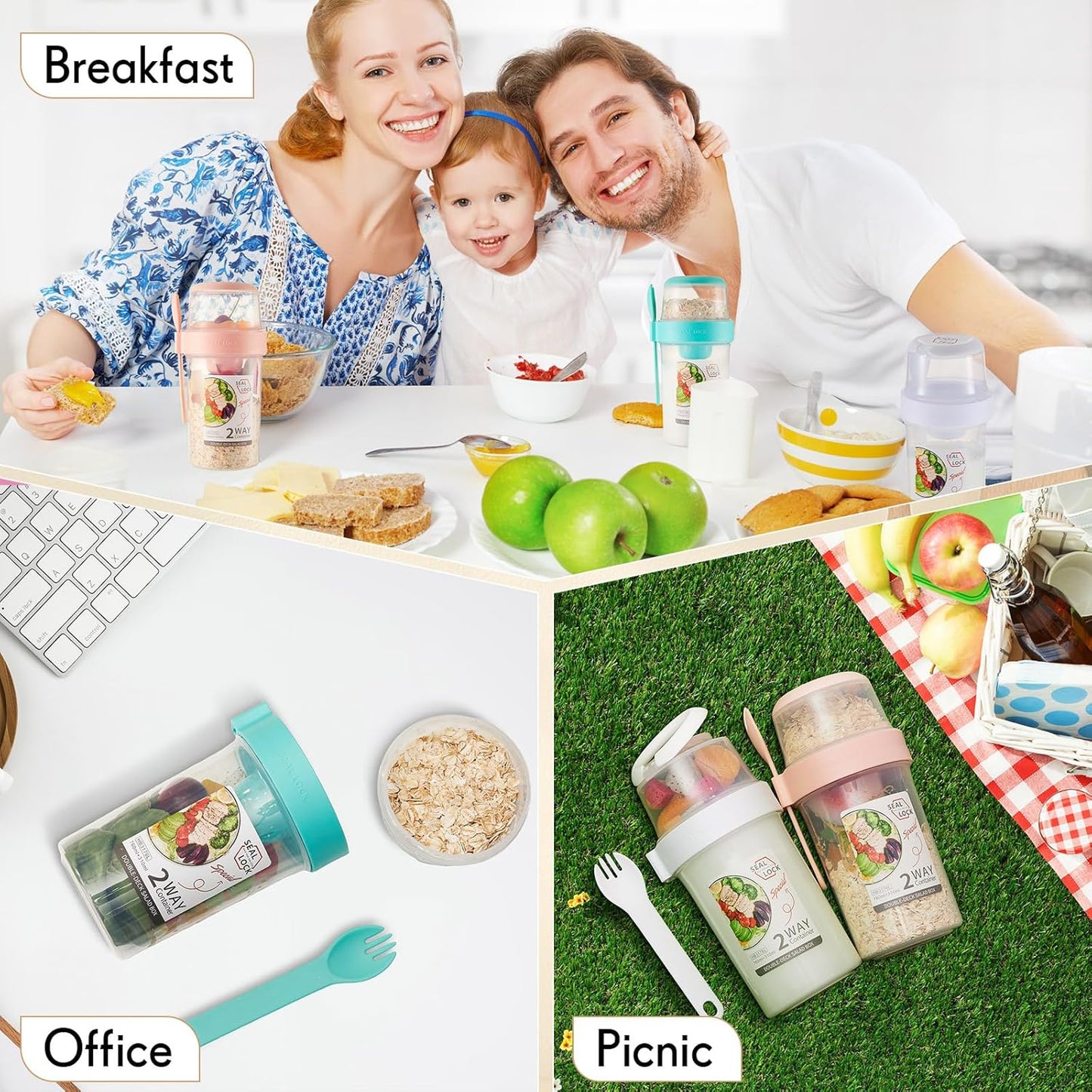 3 Pcs Salad Shaker Cup with Lids and Fork Fresh Salad Shaker Container for Lunch, Portable Breakfast Meal Vegetable and Fruits (White)