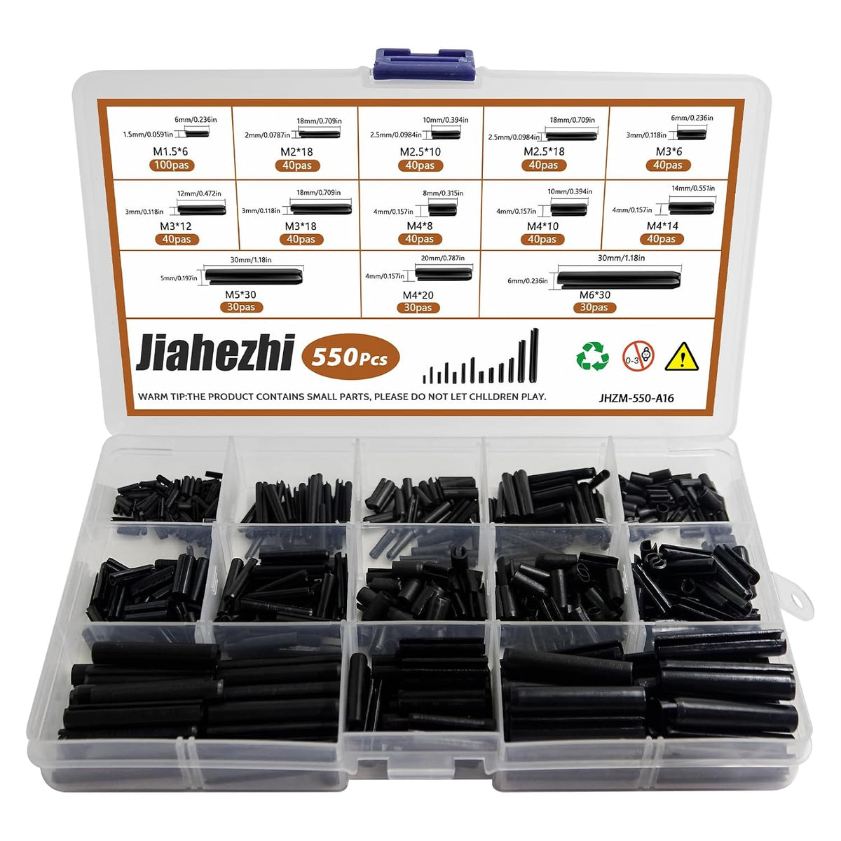 550Pcs Roll Pin Assortment Kit, Slotted Tension Pins, Split Dowels & Expansion Spring Pins, 13 Sizes M1.5 M2 M2.5 M3 M4 M5 M6, Durable Spring Steel for Secure Fastening