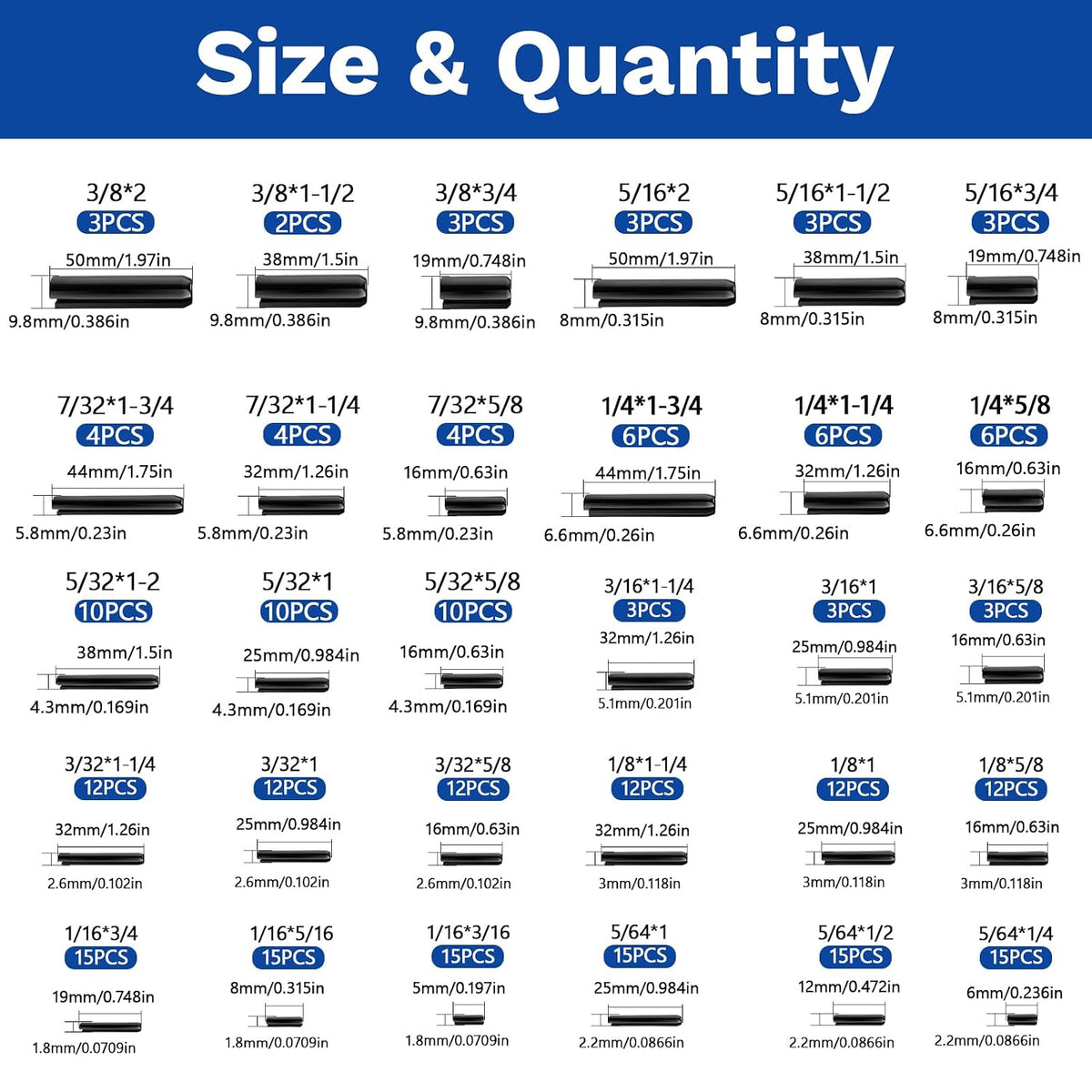 550Pcs Roll Pin Assortment Kit, Slotted Tension Pins, Split Dowels & Expansion Spring Pins, 13 Sizes M1.5 M2 M2.5 M3 M4 M5 M6, Durable Spring Steel for Secure Fastening