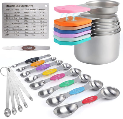22-Piece Measuring Cups and Spoons Set, 304 Stainless Steel for MINI Measuring Spoons, with Leveler, Measurement Conversion Chart Fridge Magnet, for Measure Dry & Liquid Ingredients