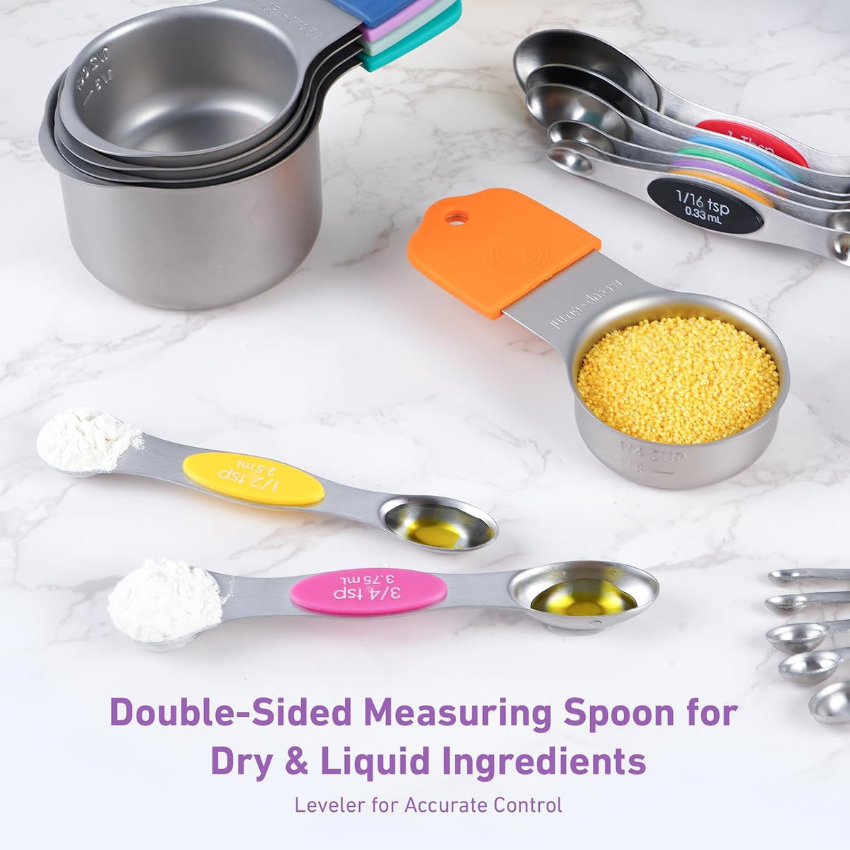 22-Piece Measuring Cups and Spoons Set, 304 Stainless Steel for MINI Measuring Spoons, with Leveler, Measurement Conversion Chart Fridge Magnet, for Measure Dry & Liquid Ingredients