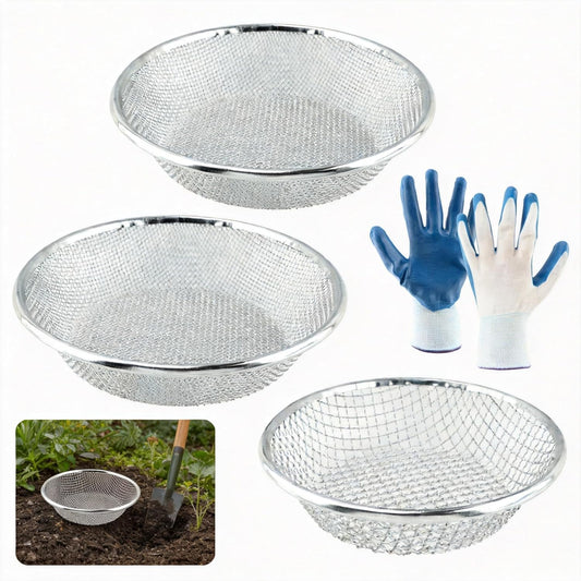 3 Pcs Gardening Sieve with Mesh Strainer, Round Soil Sifter for Gardening | 3/8", 1/4" & 1/8" Mesh Garden Sifting Screen with Gloves, Heavy Duty Rock Sieve Fits 5 Gallon Bucket