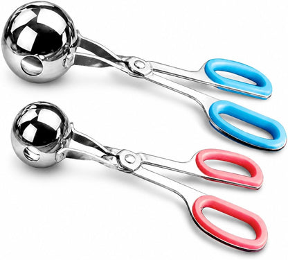Meat Baller Tongs 2-Pack – Food Grade Stainless Steel Meatball Maker Set (1.38” & 1.89”) with Non-Slip Handles for Meatballs, Cake Pops & Cookies