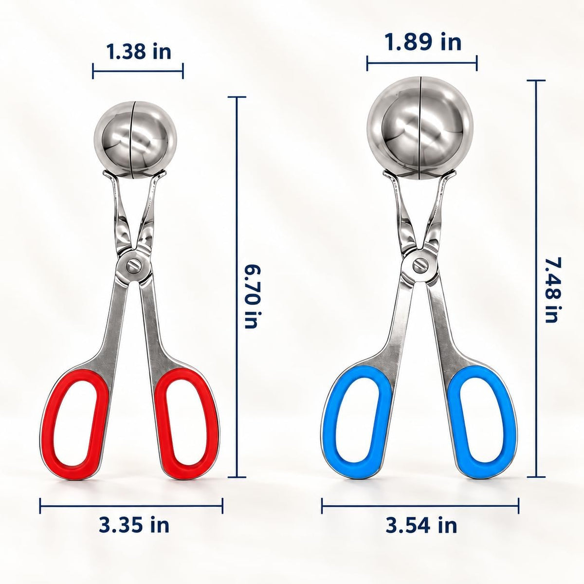 Meat Baller Tongs 2-Pack – Food Grade Stainless Steel Meatball Maker Set (1.38” & 1.89”) with Non-Slip Handles for Meatballs, Cake Pops & Cookies