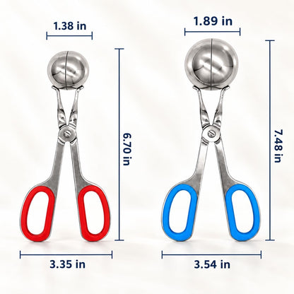 Meat Baller Tongs 2-Pack – Food Grade Stainless Steel Meatball Maker Set (1.38” & 1.89”) with Non-Slip Handles for Meatballs, Cake Pops & Cookies