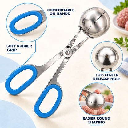 Meat Baller Tongs 2-Pack – Food Grade Stainless Steel Meatball Maker Set (1.38” & 1.89”) with Non-Slip Handles for Meatballs, Cake Pops & Cookies