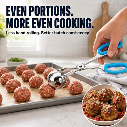 Meat Baller Tongs 2-Pack – Food Grade Stainless Steel Meatball Maker Set (1.38” & 1.89”) with Non-Slip Handles for Meatballs, Cake Pops & Cookies