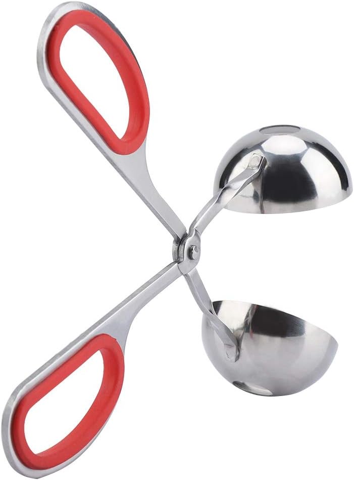 None-Stick Meat Ballers Stainless Steel Ice Tongs - Rice Meatball Maker, Cookie Scoop, Meatball with Rubber Anti-Slip Handle(Red)