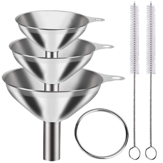 Metal Stainless Steel Funnel, Large Medium Small Funnel Set of 3, Food Grade Mini Funnels for Kitchen Use Filling Bottles Flask Cooking, 2 Brushes